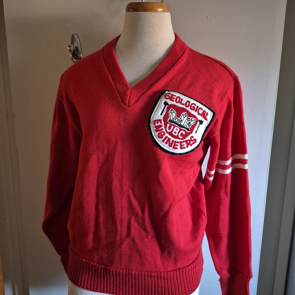 Red V-Neck Sweater with Embroidered Patch